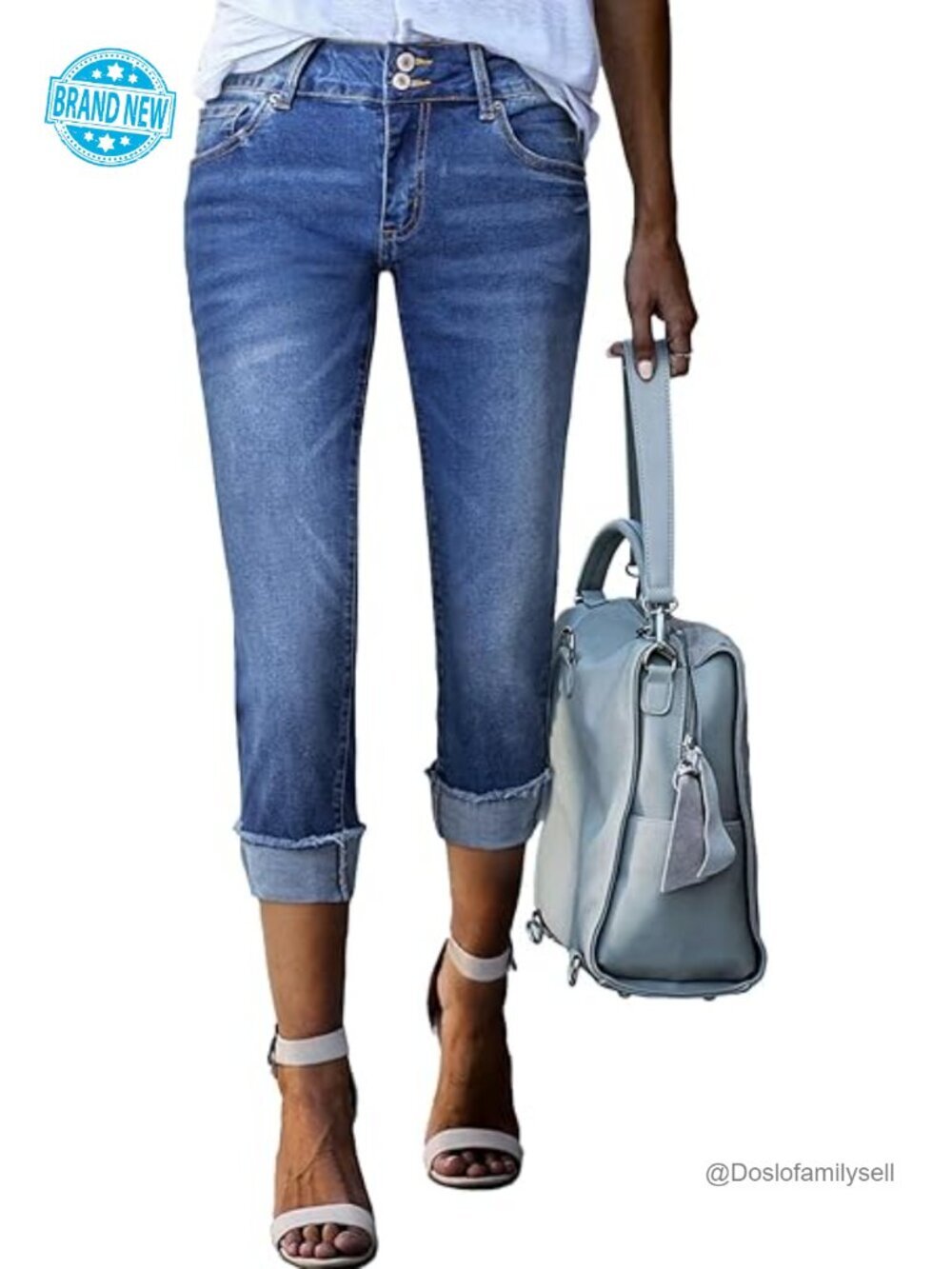 High Waisted Stretchy Roll-up Skinny Cuffed Cropped Capri Jeans